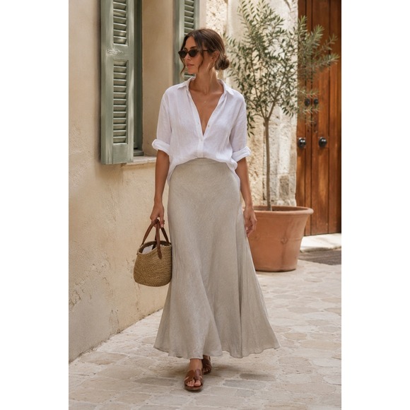 Pure Collection Dresses & Skirts - Pure Collection Light Grey 100% Linen A-Line Maxi Skirt Womens Size 6 Side Zip